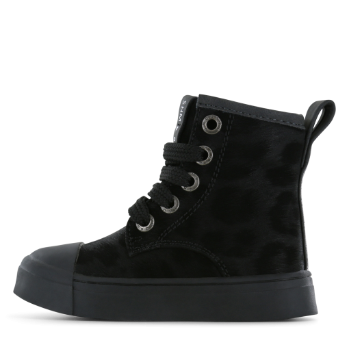 Shoesme zwarte veterboot met panterprint Meisjes | Microfiber leer | Maat 25