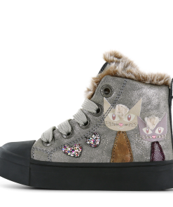 Shoesme zilveren veterboot met katjes Meisjes | Microfiber leer | Maat 23