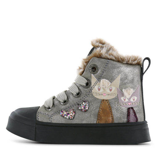 Shoesme zilveren veterboot met katjes Meisjes | Microfiber leer | Maat 24